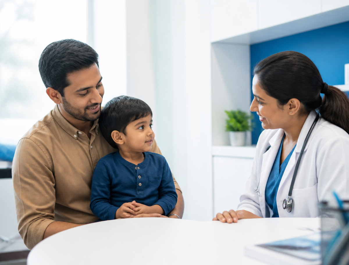 A child and parent speaking with a doctor